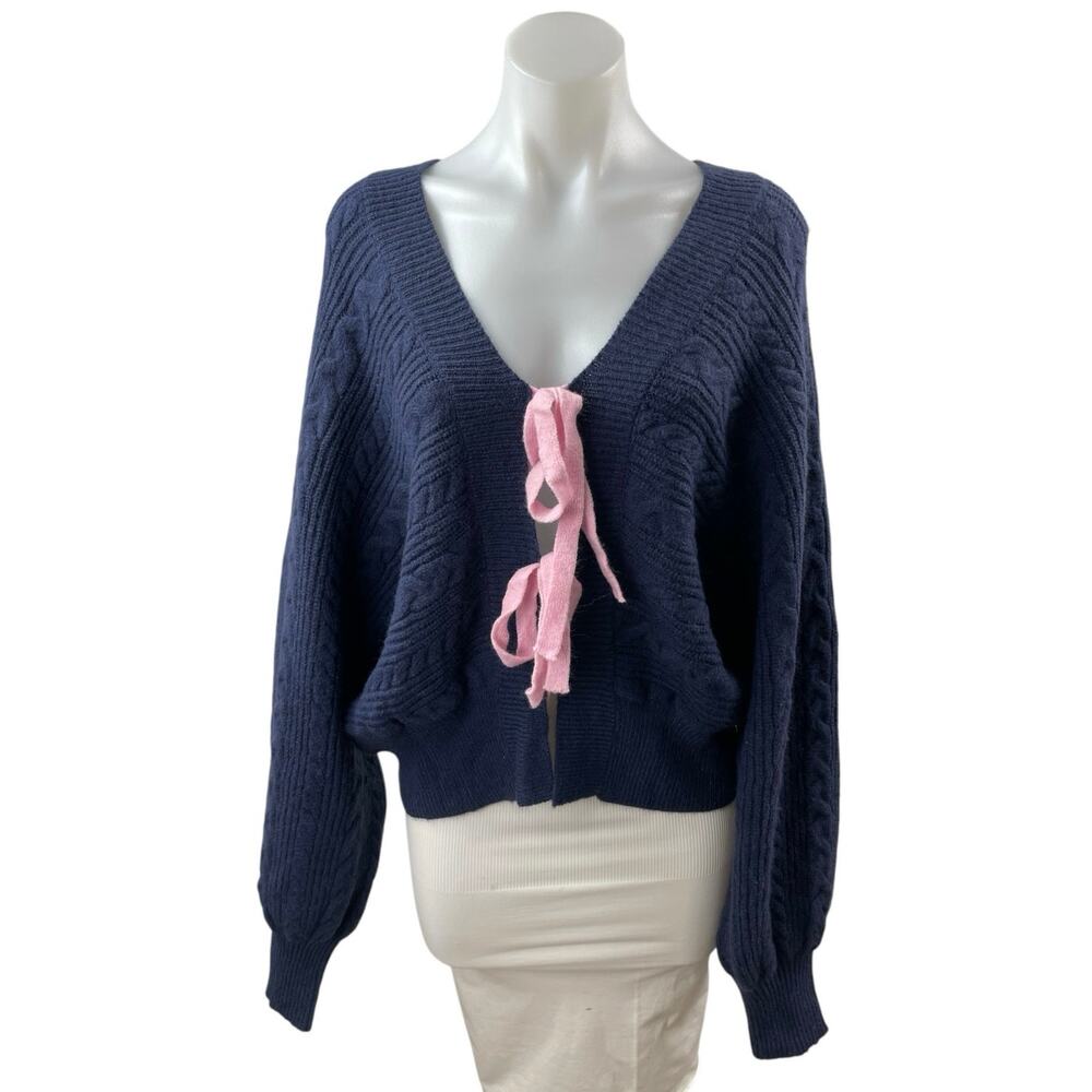 Cider Women's Navy Blue V Neck Cable Knit Tie Knot Cardigan Sweater Top Size 2XL
